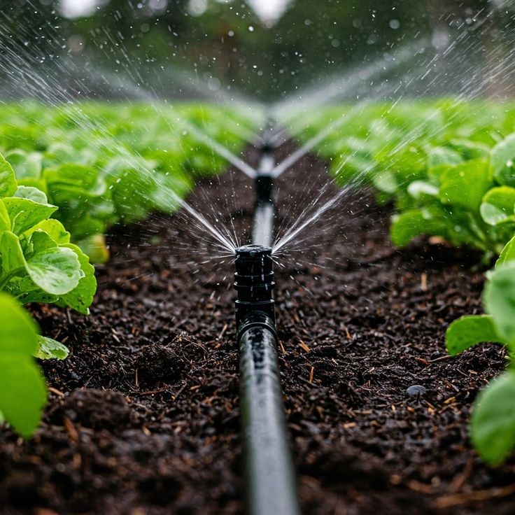 Efficient drip irrigation system watering crops at BV Farms