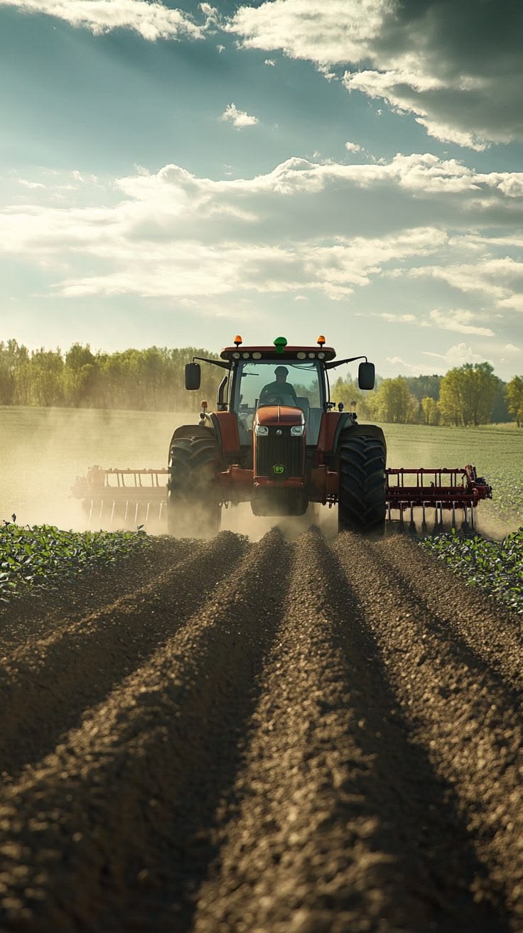Tractor tilling rich soil across BV Farms cropland at sunrise